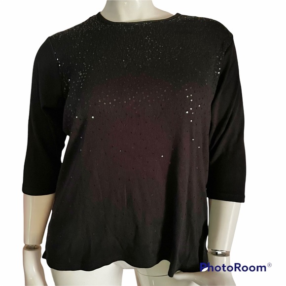 Quacker Factory black sequined ribbed knit top - Picture 2 of 7